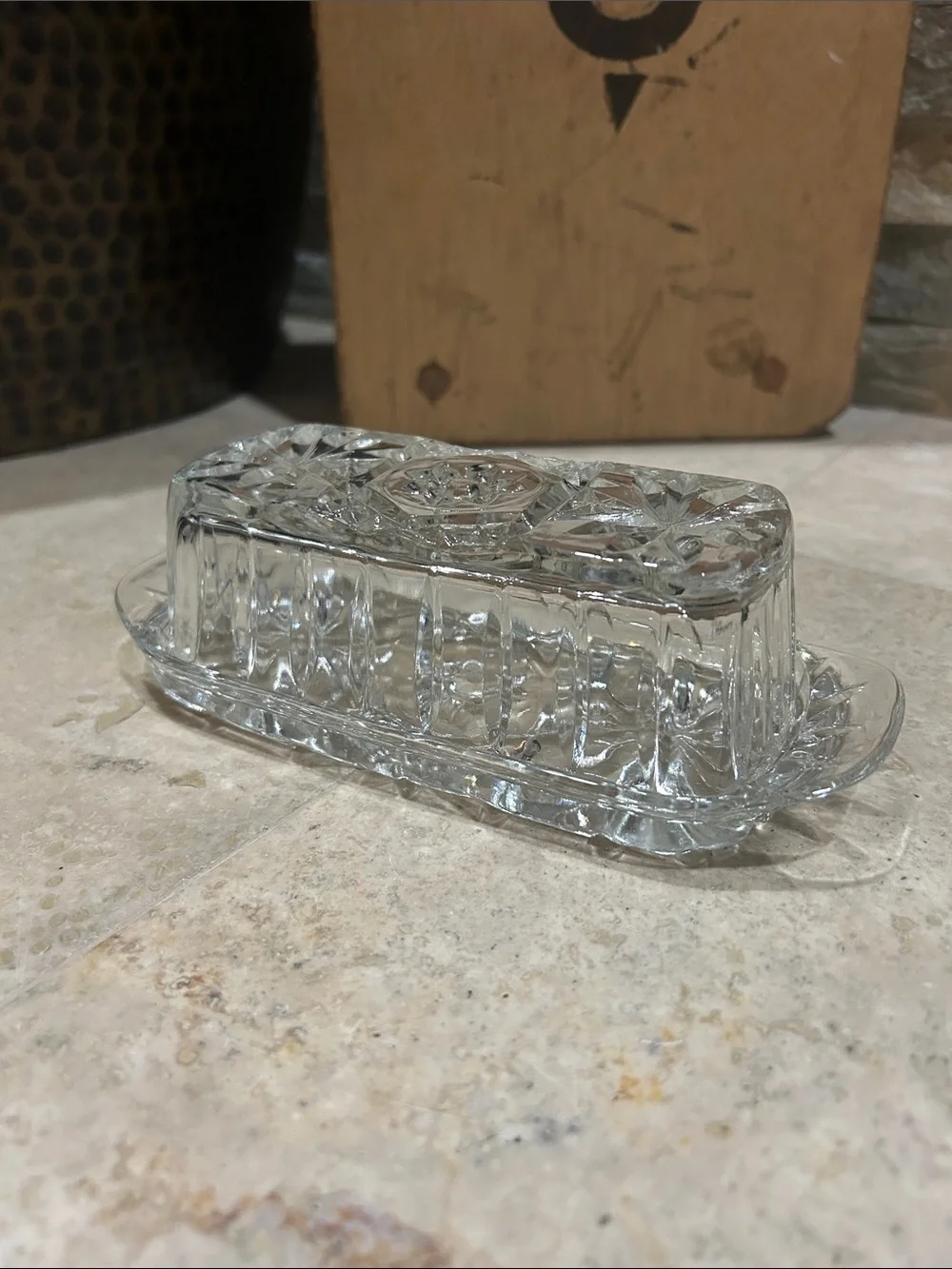 vintage Anchor Hocking (EAPC) Star of David clear glass covered butter dish